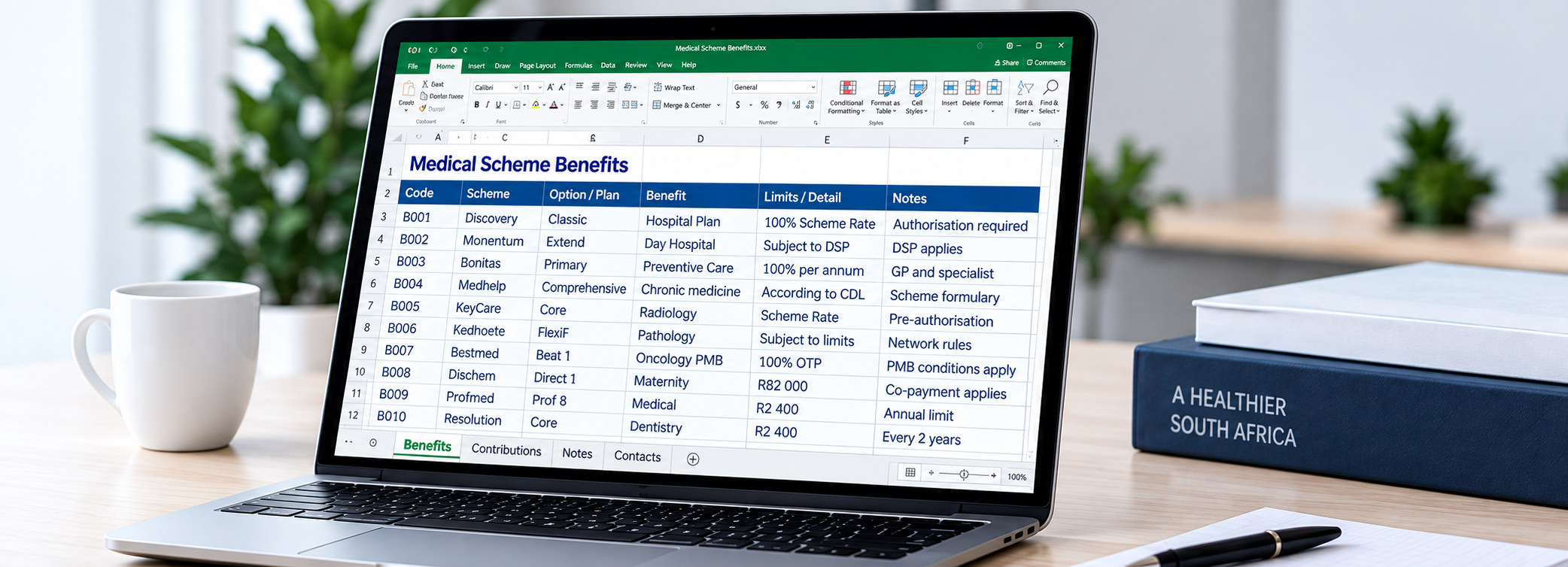 Laptop displaying a medical-scheme benefits Excel reference book on a desk.